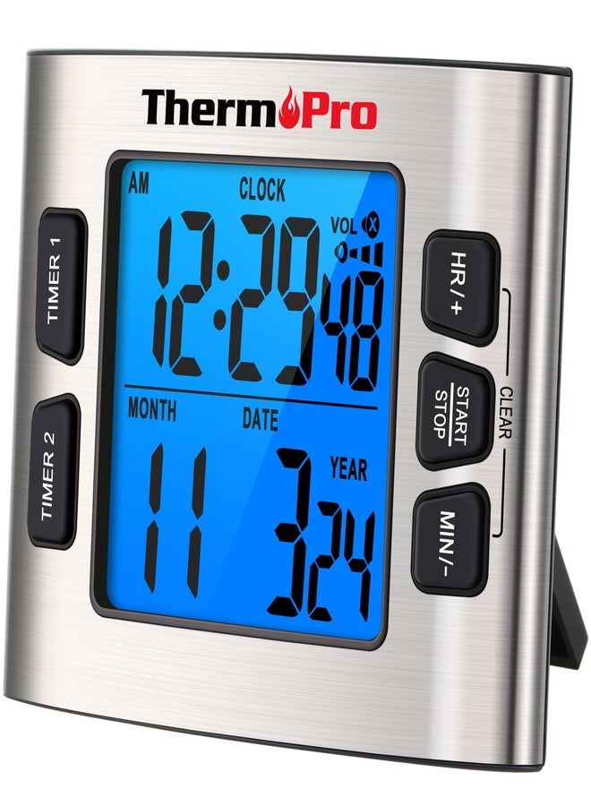 ThermoPro TM02 Digital Kitchen Timer With Dual Countdown Stop Watches, Magnetic Clock, Adjustable Loud Alarm, Backlight LCD Big Digits, 24 Hour for Kids Teachers - Image 1